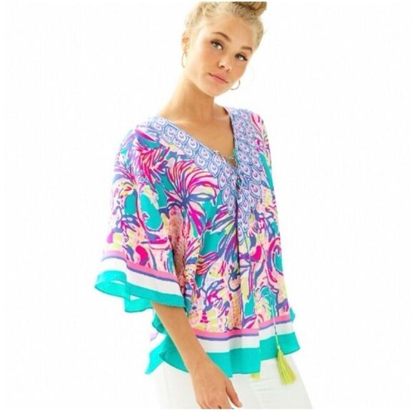 Lilly Pulitzer Women’s Letti Silk Caftan in Safari Sighted Silk Tunic Length Blo - Picture 3 of 10